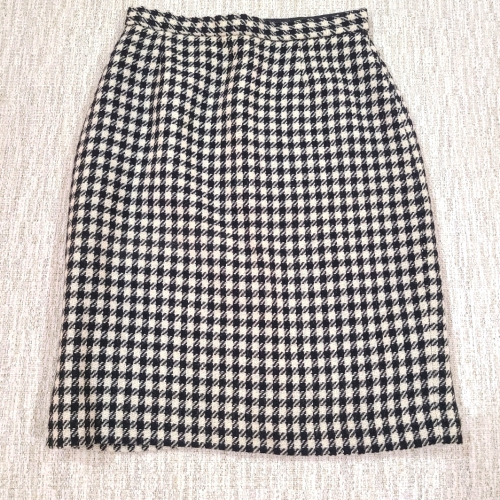 Vintage ESPRIT Italy Wool Houndstooth Black White High Waist Pencil Skirt 11/12